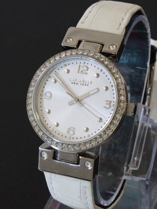 Caravelle Ladies Dress Watch By Bulova Crystal Bezel Reversible Strap 32mm